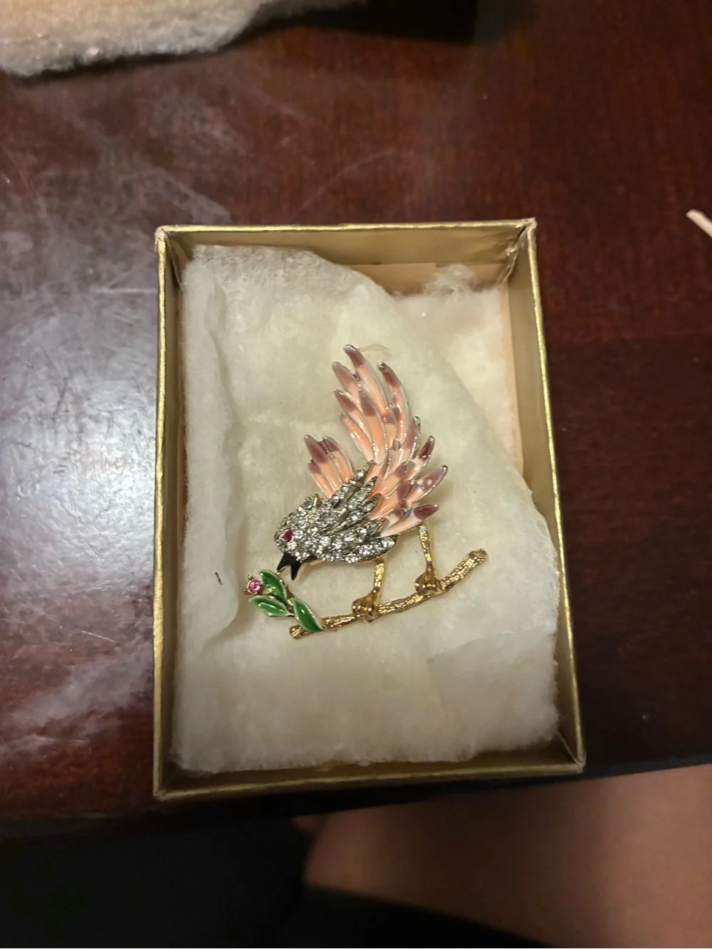 Gold-tone Pink Wing Bird Brooch with Crystals - Decorative Pet Bird Pin